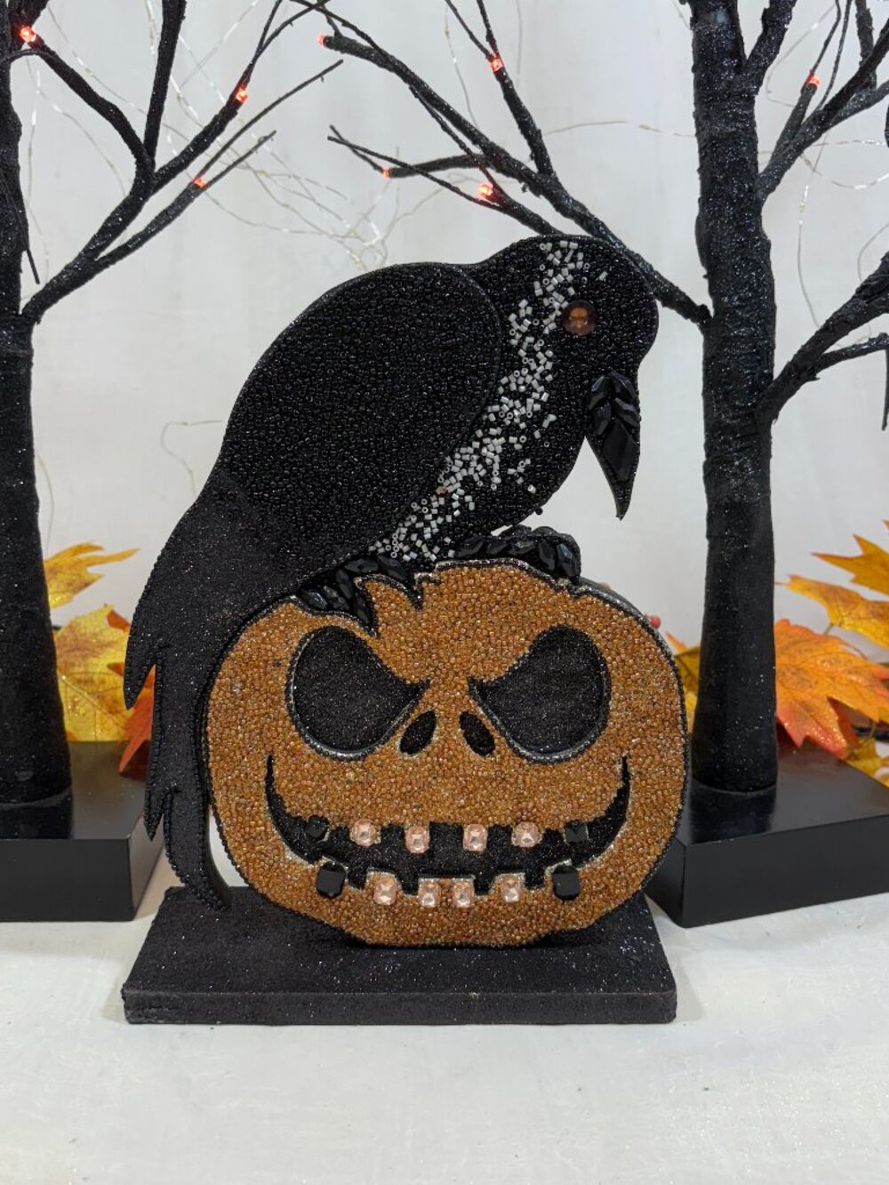 Vintage Inspired Beaded Nevermore Black Raven Crow On Halloween Pumpkin New